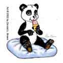 A cute panda licks his ice cream cone.