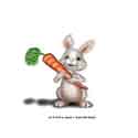 A little bunny proudly holds a carrot almost as big as he...