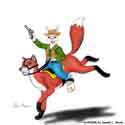 A buckaroo rabbit is riding on a fox. He better be quick with the dismount...